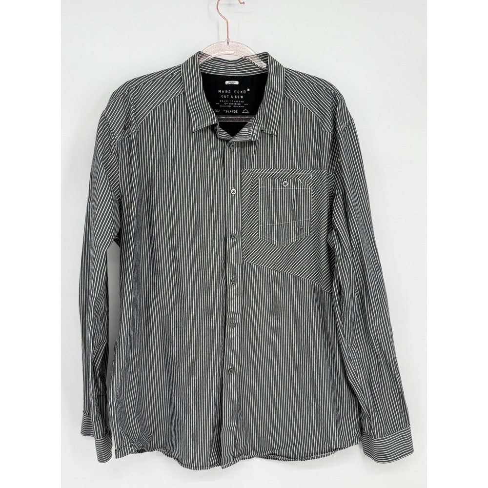 Marc Ecko Cut‎ & Sew Mens Grey White Striped Button Down Deadly Threads Sz XL